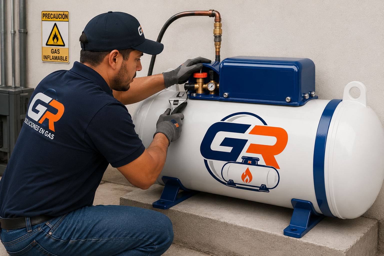 Técnico de GR Soluciones en Gas instalando un tanque estacionario